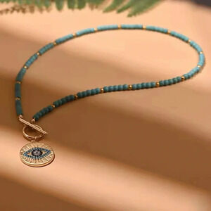 Celestial Turquoise Beaded Evil Eye Crystal Necklace